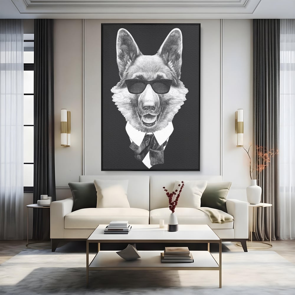 Tablou canvas cu portret ilustrativ caine gentleman, in rama de aluminiu negru, pe perete intr-un living